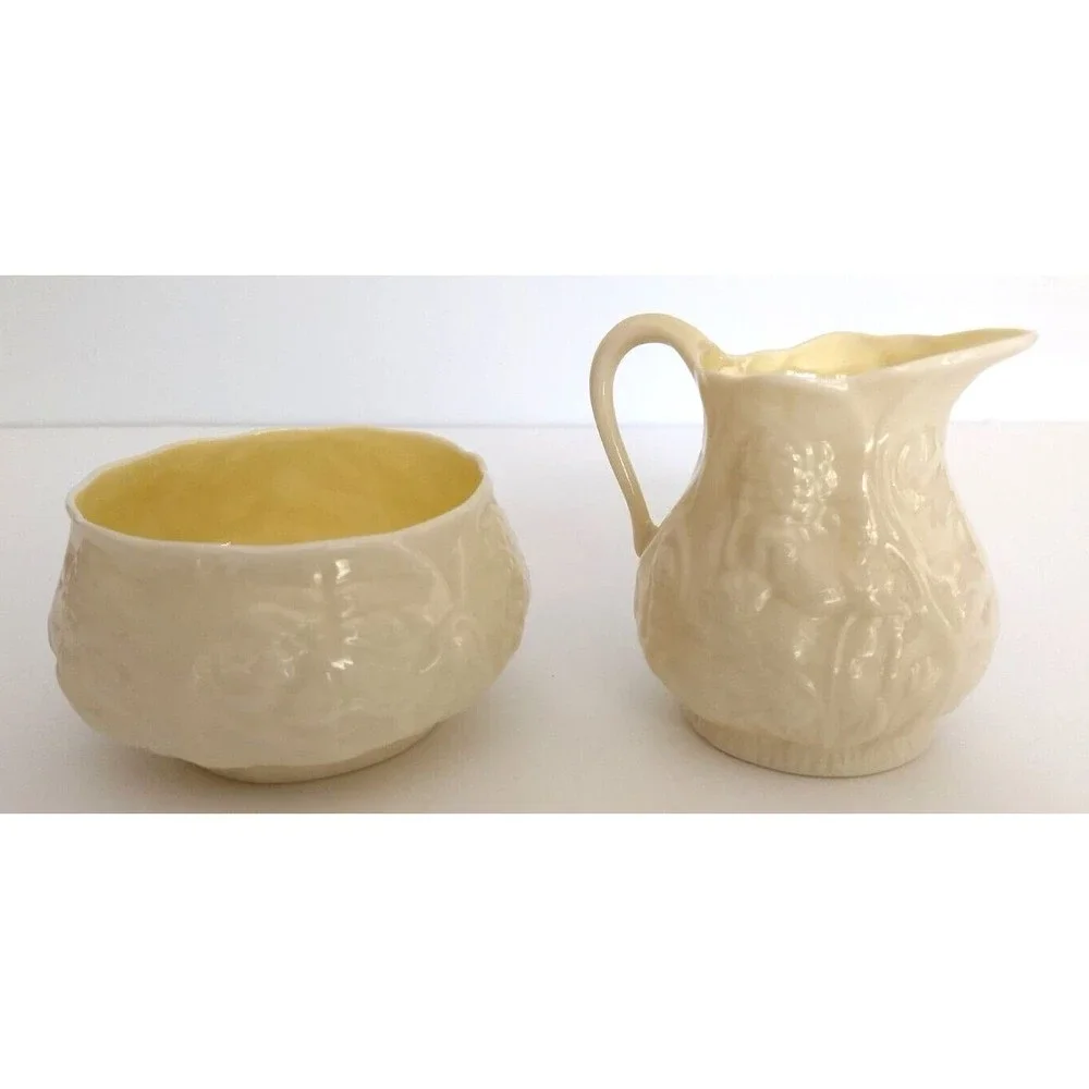 Belleek LOTUS Creamer & Sugar Bowl Green 5th Mark Irish Parian Porcelain Vintage